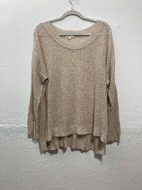 Eileen Fisher Organic Cotton Linen Open Knit Sheer Sweater Top Long Sleeve Beige